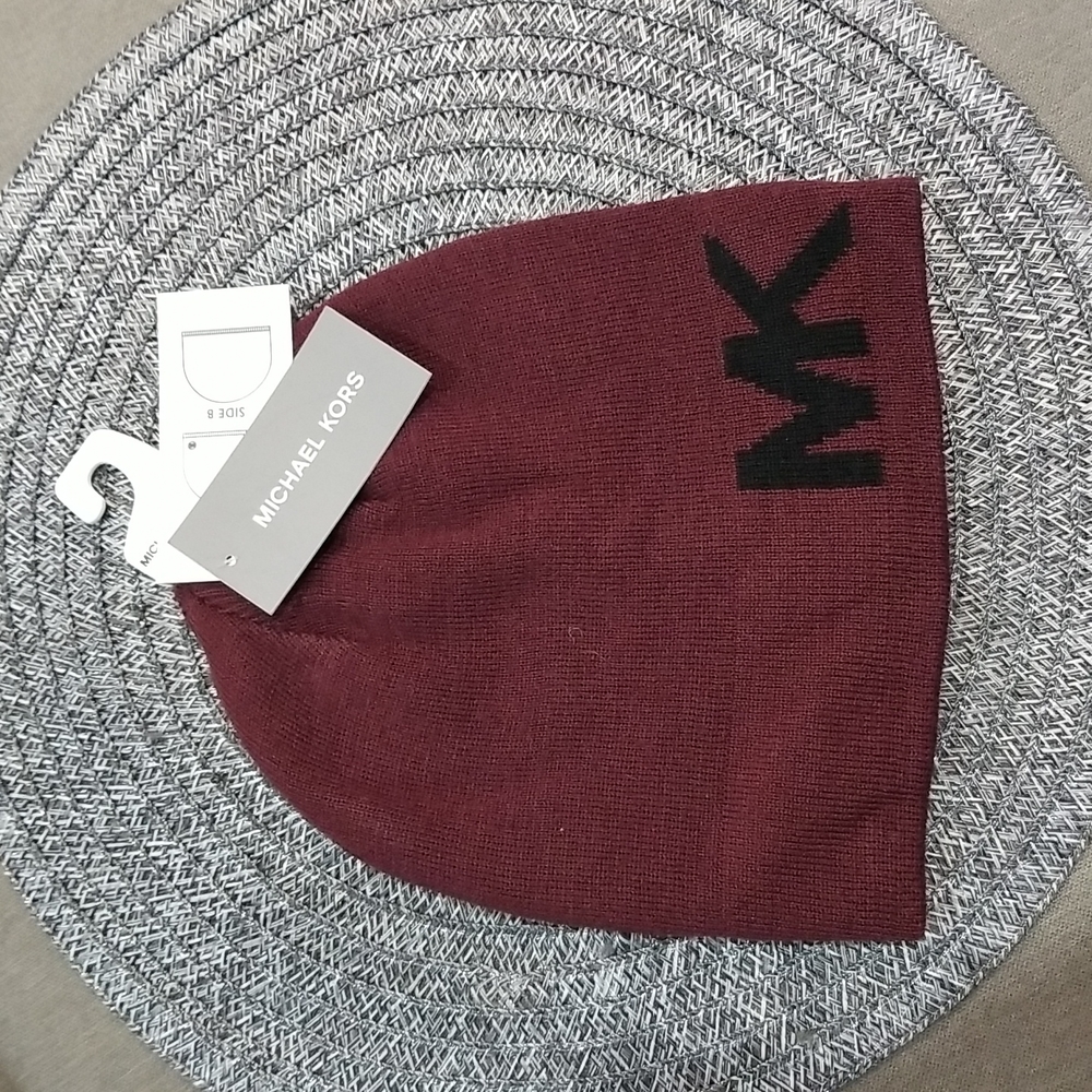 Michael Kors Men's Beanie MK logo Burgandy Wine color